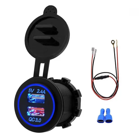 Car QC3.0 Dual Port USB Charger Power Outlet Adapter 5V 2.4A IP66 with 60cm Cable 